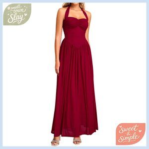 Halter Neck Corset Maxi Dress Backless Formal Evening Gown Wedding Guest